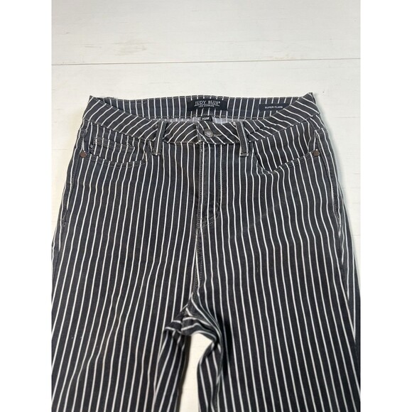 JUDY BLUE 7/28 Jeans High Waist Super Flare Striped Raw Hem Stretch Denim - Picture 3 of 5